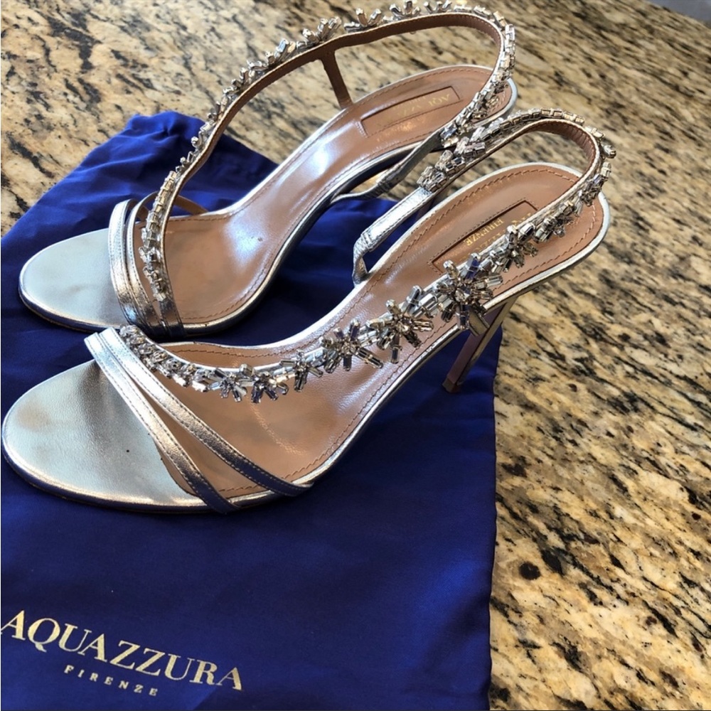 Aquazurra Chateau 105 Crystal Embellished Silver Sandal Stiletto - Picture 2 of 6
